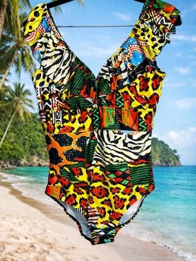 Averie Multicolor Mixed Animal Tropical Print Ruffle One Piece Swimsuit